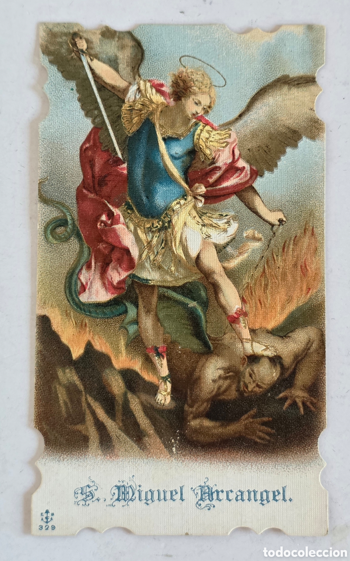 Antig&uuml;edades: Antigua Estampa San Miguel Arc&aacute;ngel Matando al Mal - EBC Ancla 329 - Religi&oacute;n