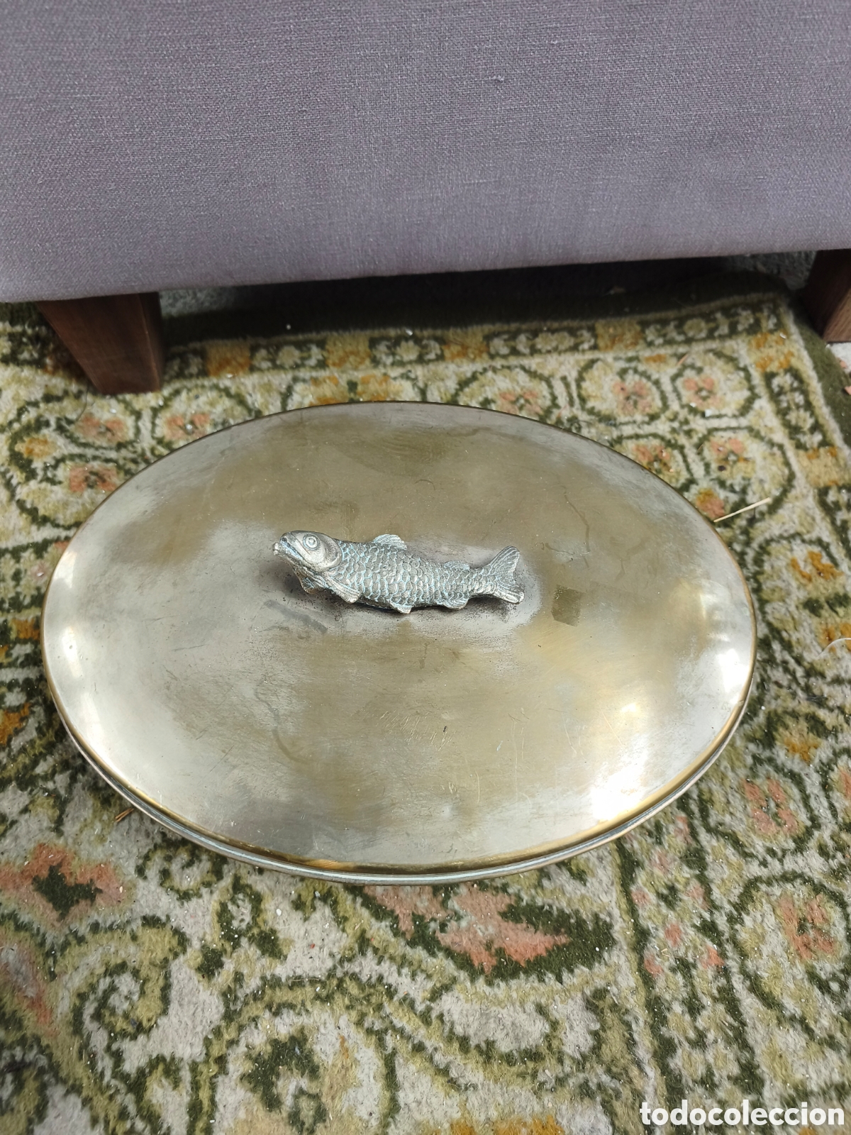 Antig&uuml;edades: Fuente para pescado vintage completa &ndash; Con tapa de metal y cazuela de barro interior