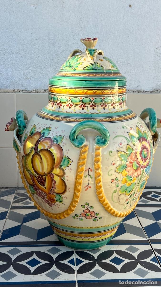 Antiguidades: Gran orza cer&aacute;mica pintada esmaltada Gregorio P&aacute;ez flores asas puente arzobispo 53x38cms