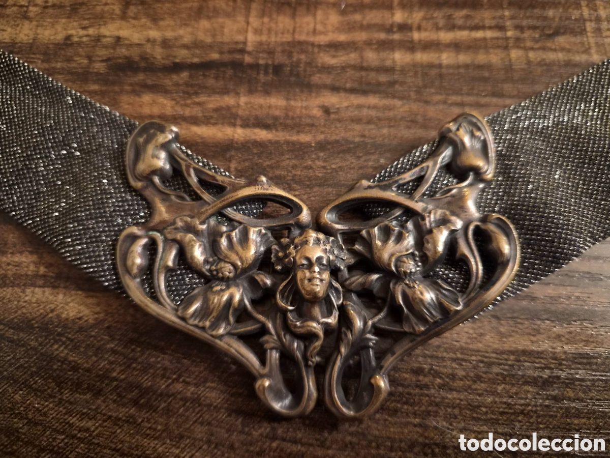 Antig&uuml;edades: Antiguo Cintur&oacute;n Nouveau Modernista (c. 1890-1920) &ndash; Hebilla Bronce/Lat&oacute;n Rostro Femenino y Flores