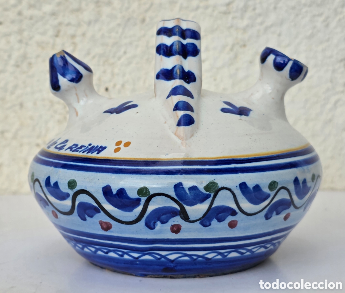 Antig&uuml;edades: Botijo Achatado Cer&aacute;mica Recuerdo Talavera de la Reina Decoraci&oacute;n R&uacute;stica Toledo Castilla La Mancha