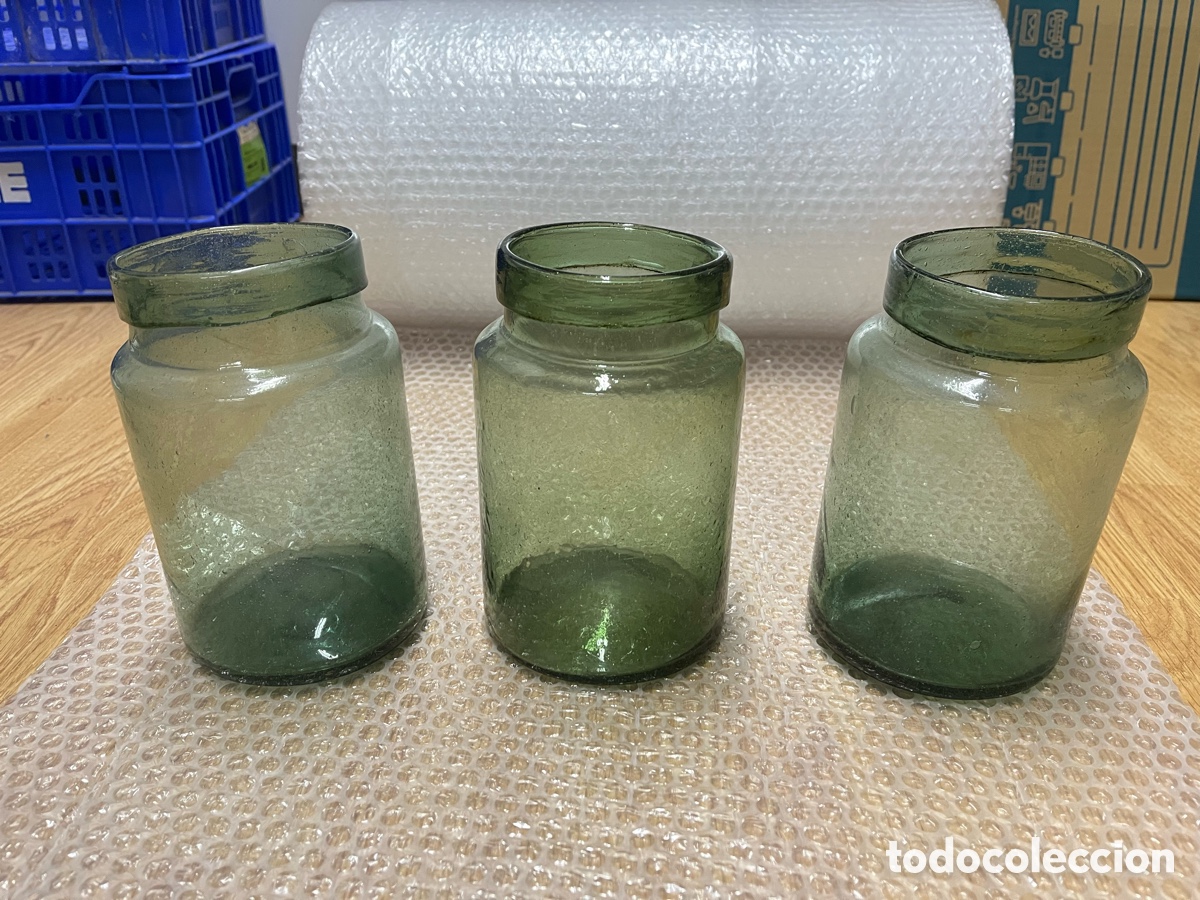 Antig&uuml;edades: LOTE DE 3 TARROS ANTIGUOS DE VIDRIO VERDE DE FABRICACI&Oacute;N MANUAL