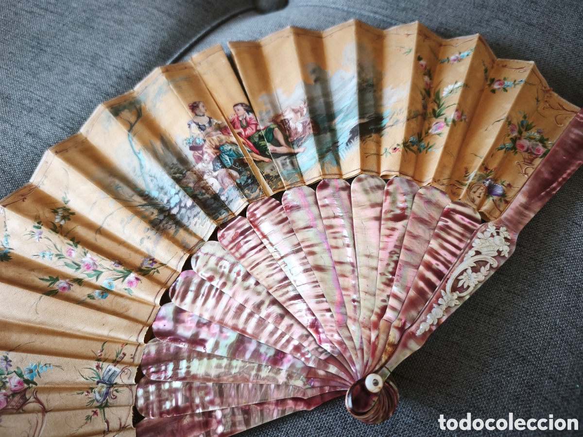 Antig&uuml;edades: Antiguo abanico nacar rosa y pais de seda