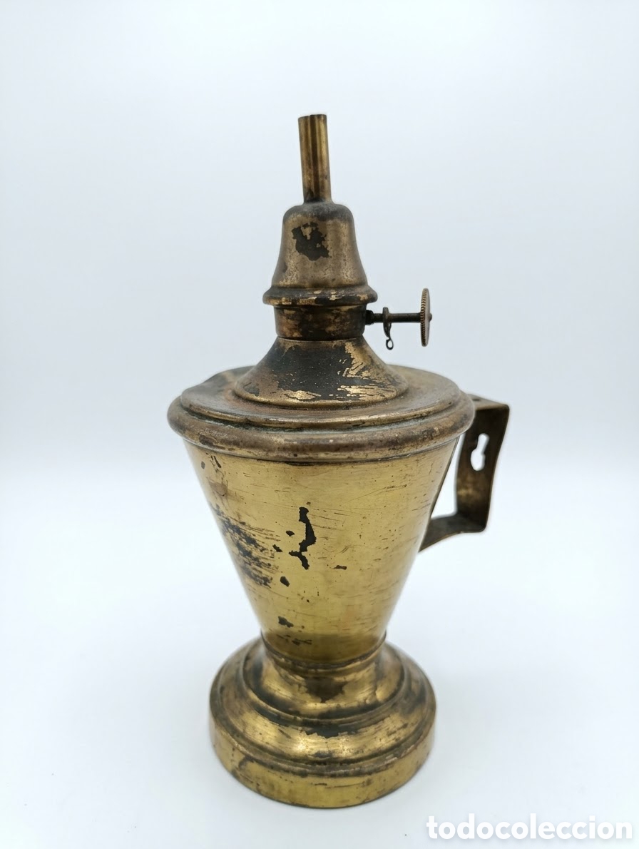 Antig&uuml;edades: Antigua L&aacute;mpara LAMPE PIGEON C&oacute;nica de Lat&oacute;n Original (Siglo XIX), 20 cm altura