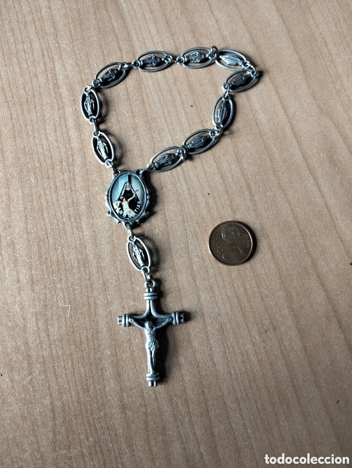 Antig&uuml;edades: Rosario de pulsera / Denario de Virgen Milagrosa - Metal plateado