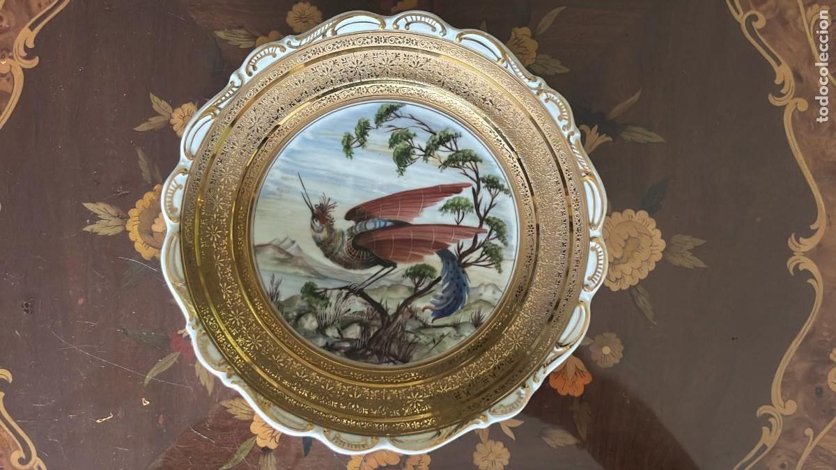 Antig&uuml;edades: SCHUMANN BAVARIA - PLATO PORCELANA AVE - GRAN DECORACI&Oacute;N DORADA - 24 CM - ALEMANIA