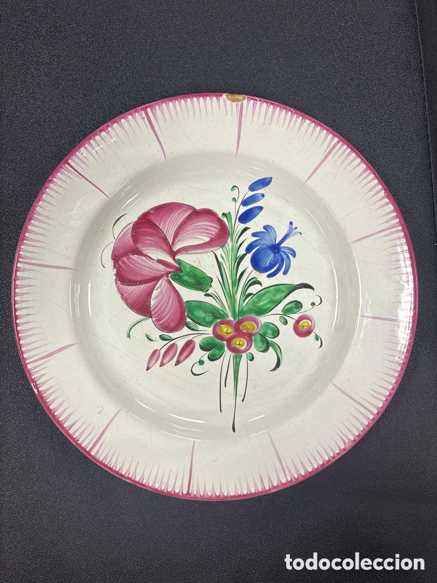 Antig&uuml;edades: Antiguo Plato De Loza Francesa Estilo Lun&eacute;ville / Saint-Cl&eacute;ment - Ramos Florales S. XIX-XX