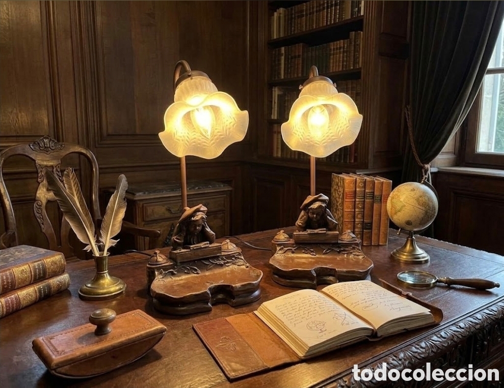 Antig&uuml;edades: Pareja de L&aacute;mparas Escriban&iacute;a Art Nouveau - Antiguas de Mesa