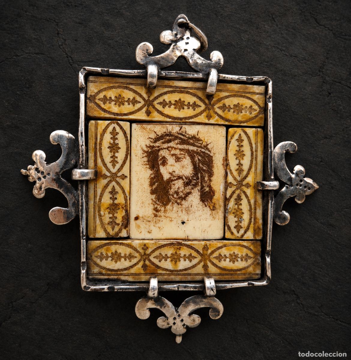 Oggetti Antichi: MEDALLON-RELICARIO EN PLATA Y HUESO (bajorrelieve)