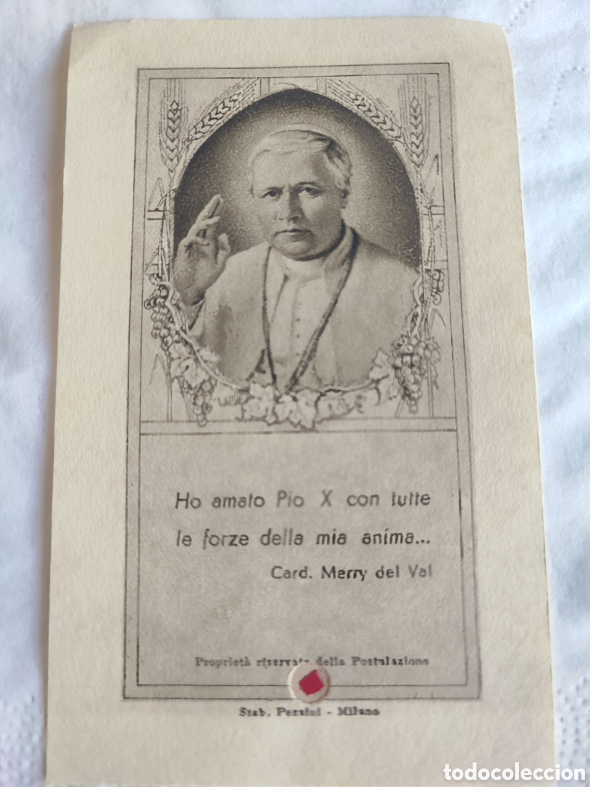 Antig&uuml;edades: Estampa con reliquia de P&iacute;o X.