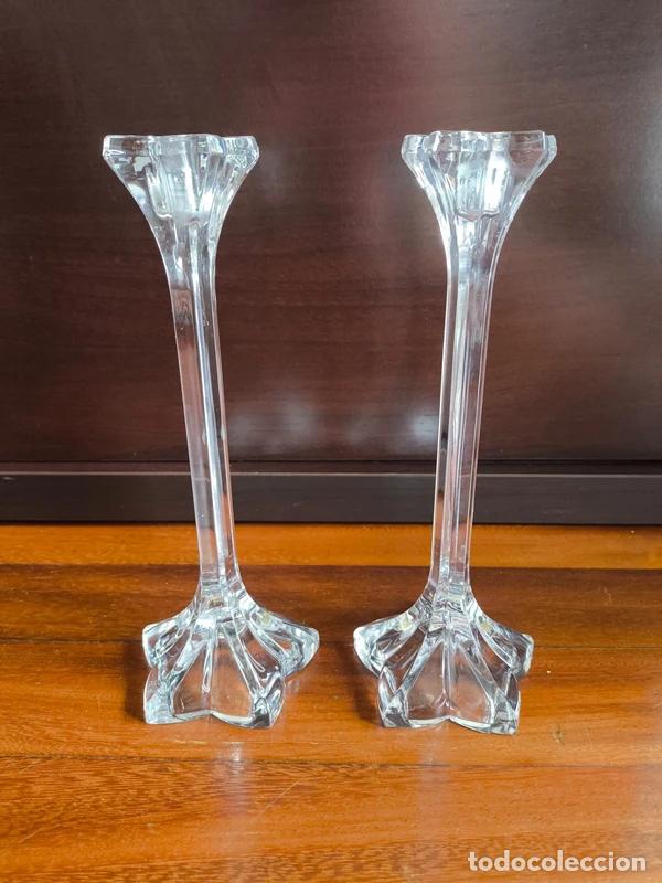 Antig&uuml;edades: Pareja de Portavelas de Cristal Transparente