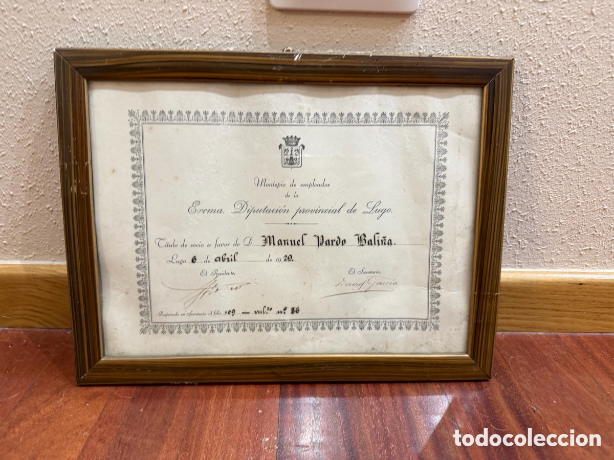Antig&uuml;edades: Documento Hist&oacute;rico 1920 - T&iacute;tulo Montep&iacute;o Diputaci&oacute;n de Lugo con Marco