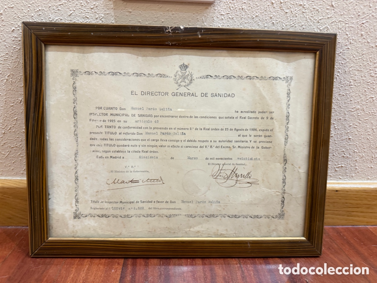 Antig&uuml;edades: Documento Hist&oacute;rico 1927 - T&iacute;tulo Inspector Municipal de Sanidad Enmarcado