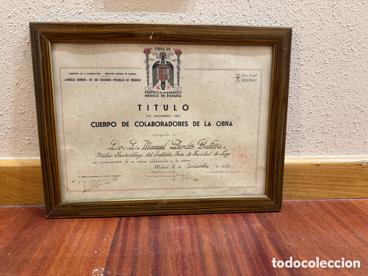 Antig&uuml;edades: Documento M&eacute;dico Hist&oacute;rico 1942 Enmarcad