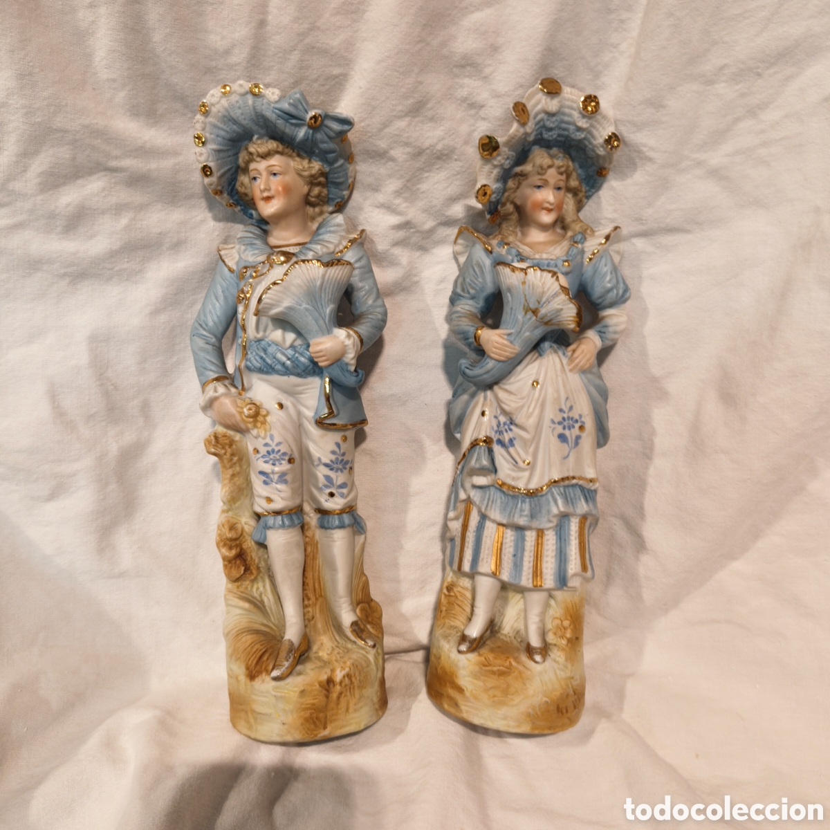 Antig&uuml;edades: Pareja Figuras Antiguas Porcelana Biscuit Numeradas 13603. S.XIX. 26 cm (leer descripci&oacute;n)