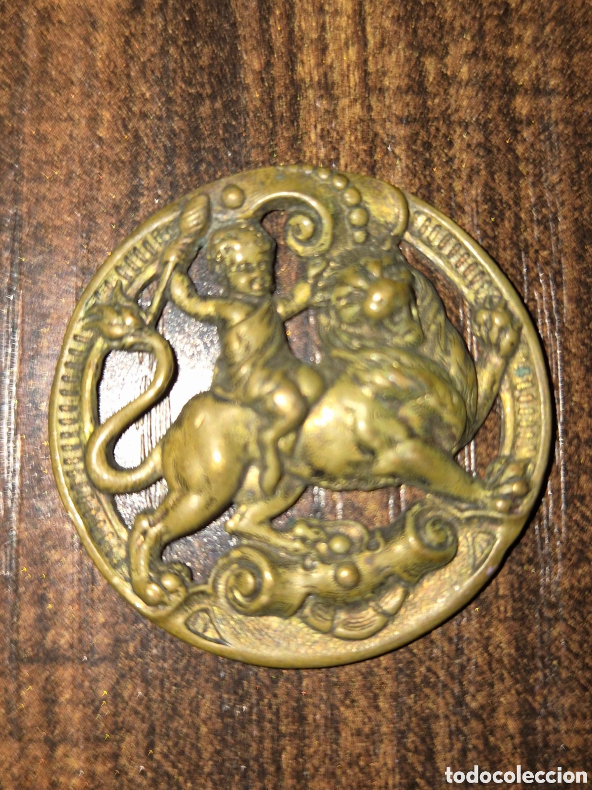 Antig&uuml;edades: Antiguo Aplique / Medall&oacute;n Modernista S. XIX-XX (S. XIX-XX) en Bronce/Lat&oacute;n &ndash; Querub&iacute;n sobre Le&oacute;n &ndash;
