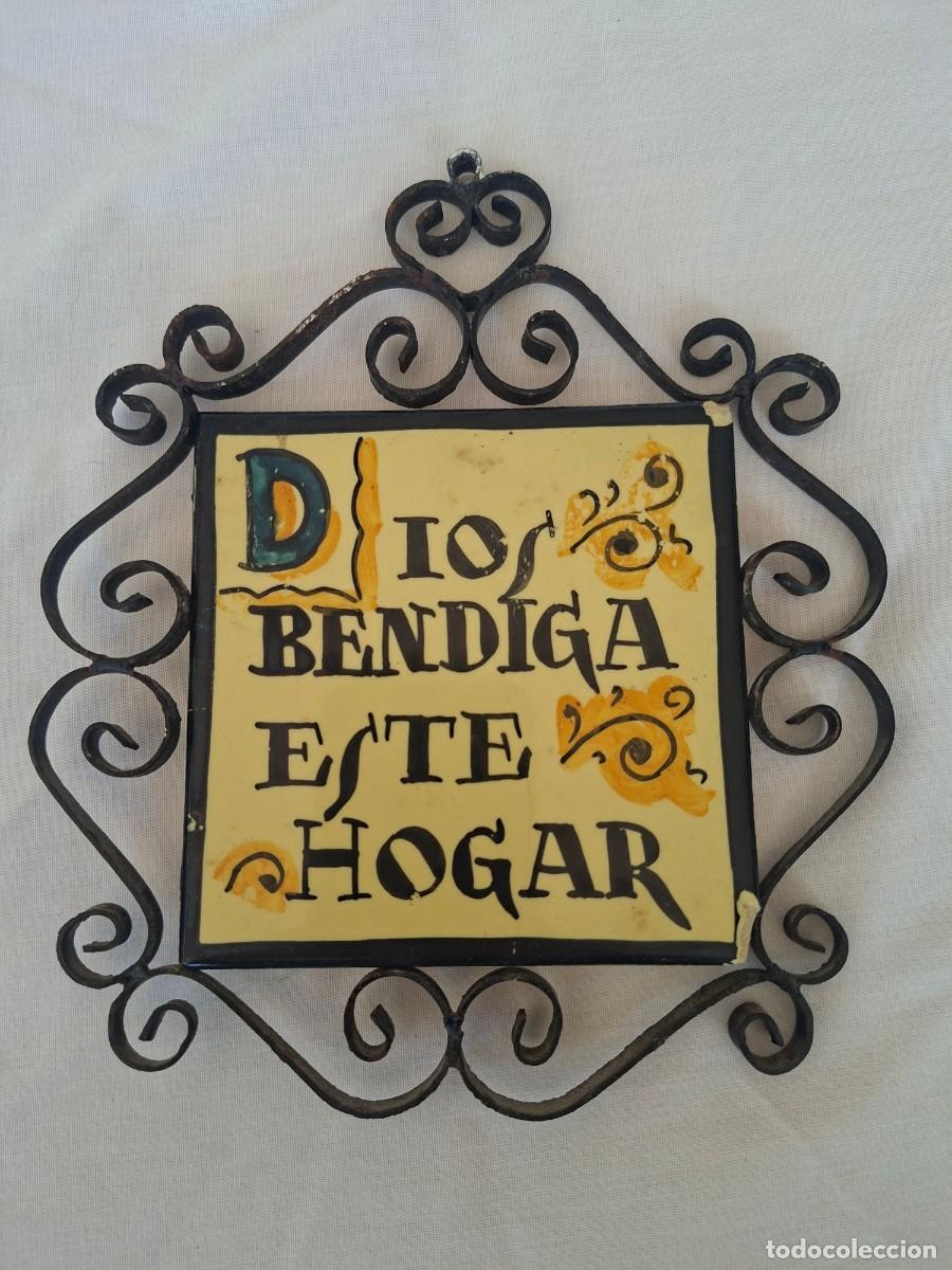 Oggetti Antichi: AZULEJO CON LEYENDA DIOS BENDIGA ESTE LUGAR. MARCO HIERRO FORJA