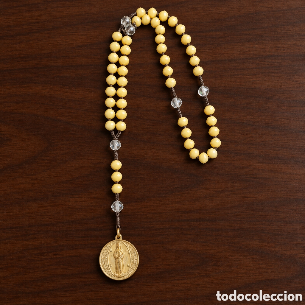 Antig&uuml;edades: Antiguo rosario con medalla devocional cat&oacute;lica de Nuestra Se&ntilde;ora de Pontmain (Francia)
