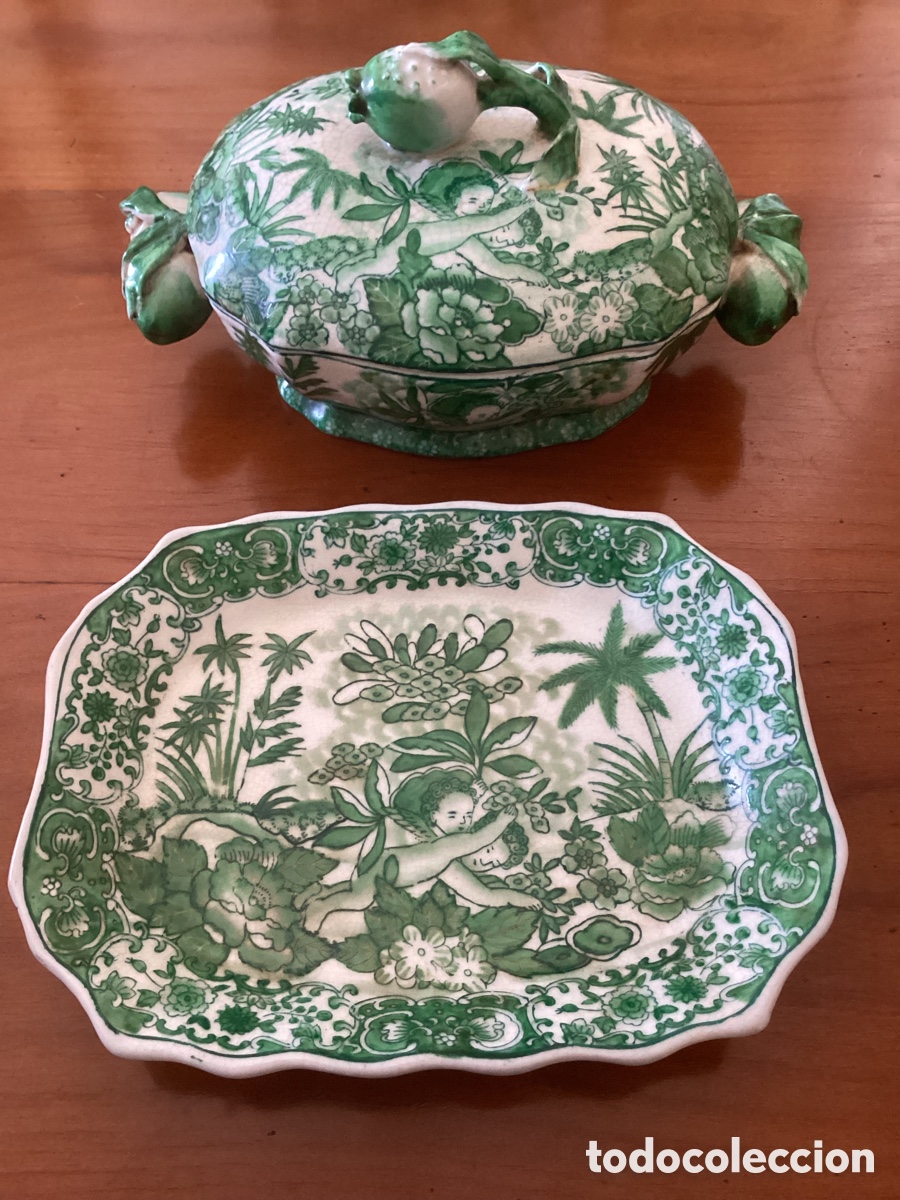 Oggetti Antichi: Sopera o Terrina y Salvilla China de Exportaci&oacute;n. Querub&iacute;n Bic&eacute;falo y Granadas. 19thc.