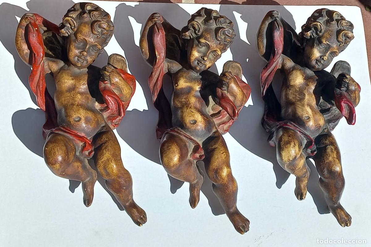 Antig&uuml;edades: 3 querubines o angelotes de estilo barroco, para colgar. 25 cm