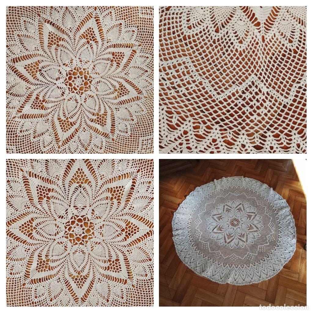 Antiquit&eacute;s: ANTIGUO Y GRANDE MANTEL TAPETE DE CROCHET, REDONDO, HECHO A MANO CON HILO ENCAJE 97 CM