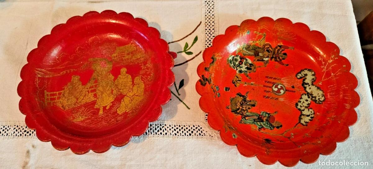 Antig&uuml;edades: NAPOLEON III 2 COUPELLES VIDES POCHE EN CARTON BOUILLI ROUGE DECOR JAPONISANT