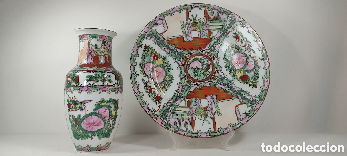 Antiguidades: PRECIOSO LOTE DE JARR&Oacute;N Y PLATO A JUEGO EN PORCELANA DE MACAO PINTADA A MANO