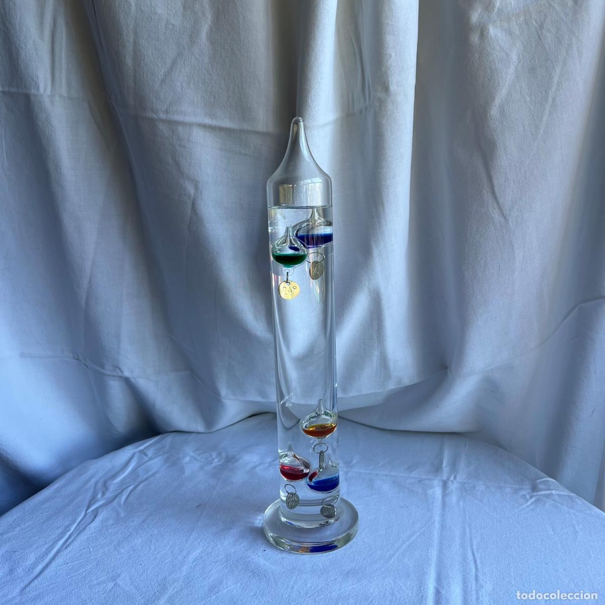 Antiquit&eacute;s: Term&oacute;metro de Galileo de Tubo Cil&iacute;ndrico - Vidrio Soplado con Ampollas Pol&iacute;cromas Flotantes