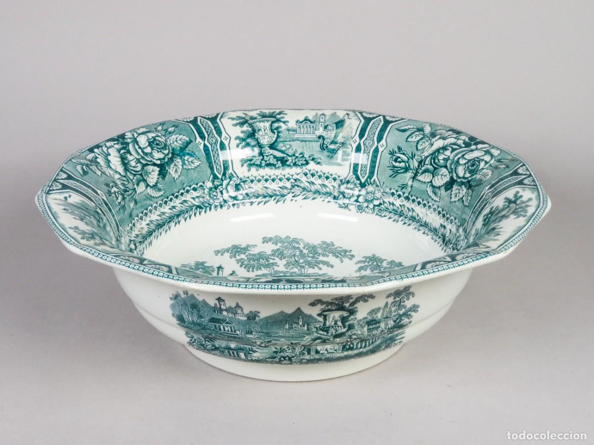 Antiques: Lebrillo fuente en loza Sargadelos serie g&oacute;ndola en verde de tercera &eacute;poca mediados del siglo XIX