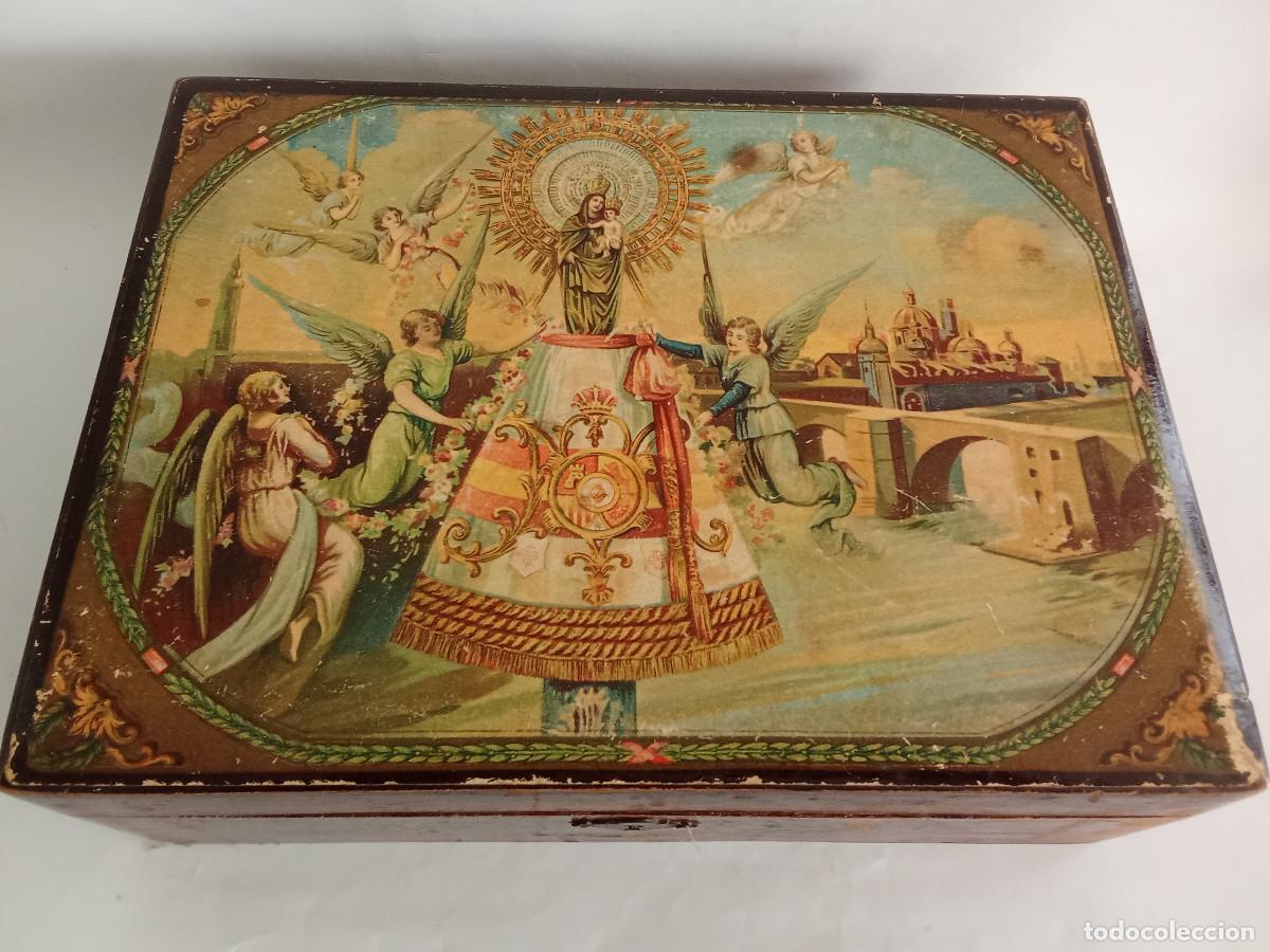 Antig&uuml;edades: Antigua caja de madera serigrafiada La Virgen del Pilar a&ntilde;os 30 - 40