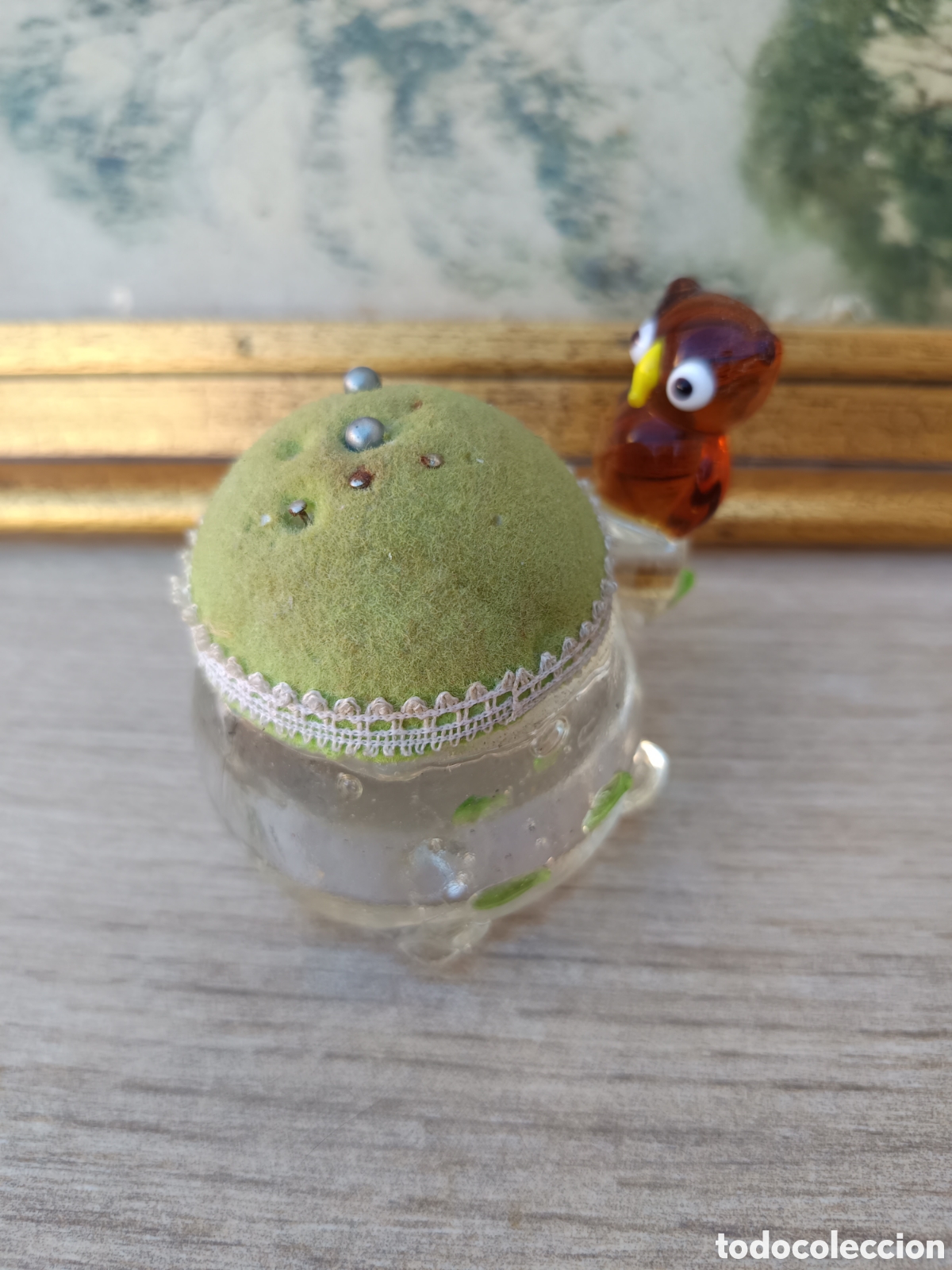 Antiquit&eacute;s: Antiguo alfiletero cristal de Murano b&uacute;ho sobre tortuga