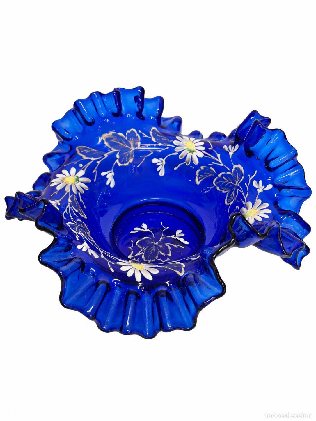 Antiguidades: Decorativo Centro, Cuenco - Cristal, Vidrio Soplado Esmaltado - Color Azul Cobalto - Borde Ondulado