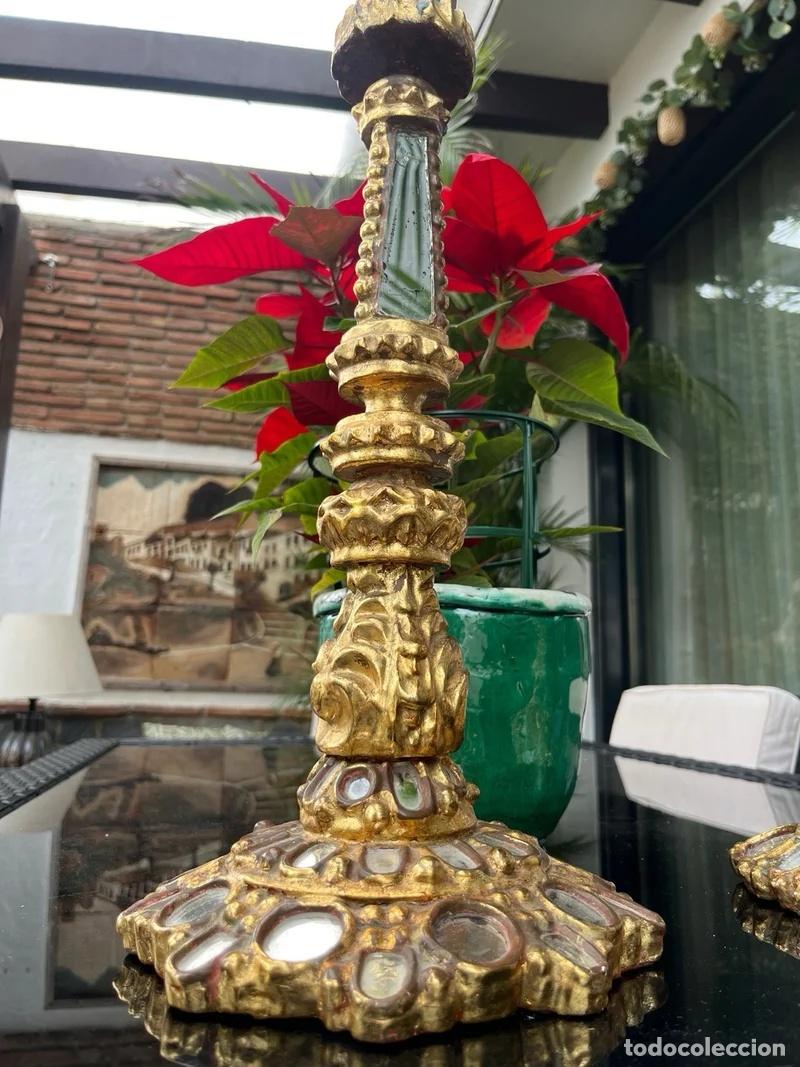 Antig&uuml;edades: Pareja Candelabros Madera Pan de Oro - Foto 3