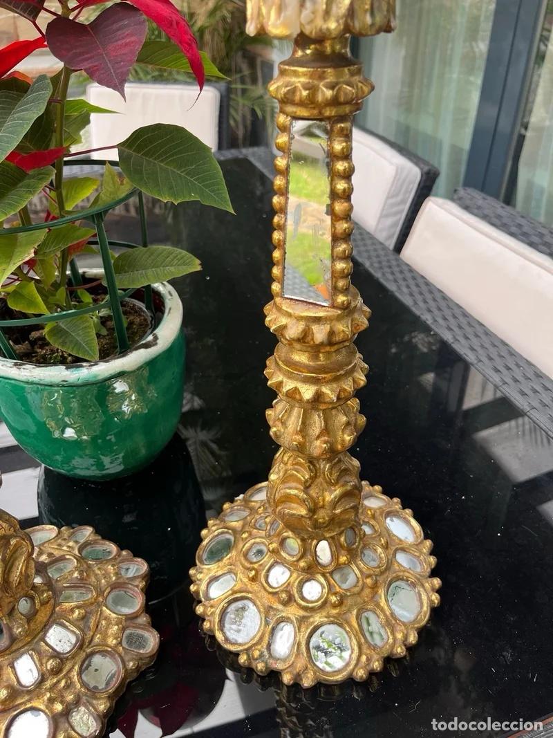Antig&uuml;edades: Pareja Candelabros Madera Pan de Oro - Foto 5