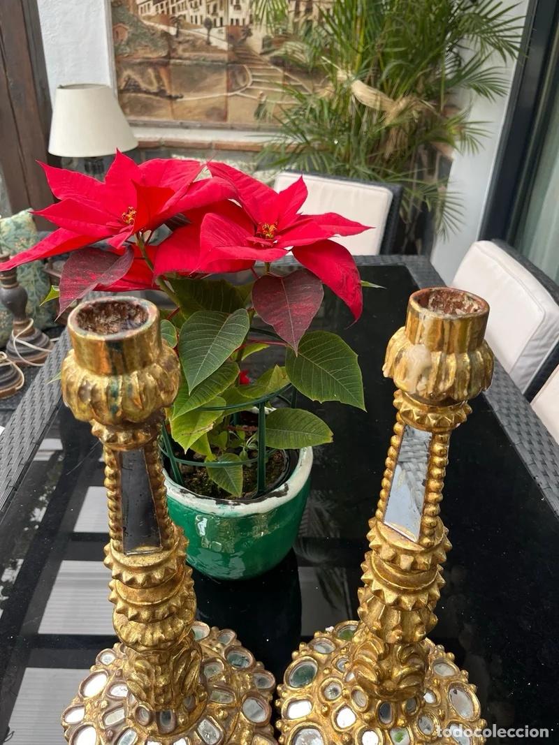 Antig&uuml;edades: Pareja Candelabros Madera Pan de Oro - Foto 6
