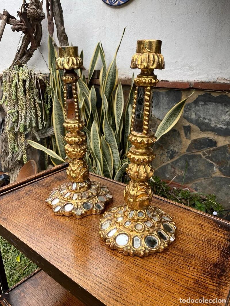 Antig&uuml;edades: Pareja Candelabros Madera Pan de Oro - Foto 8