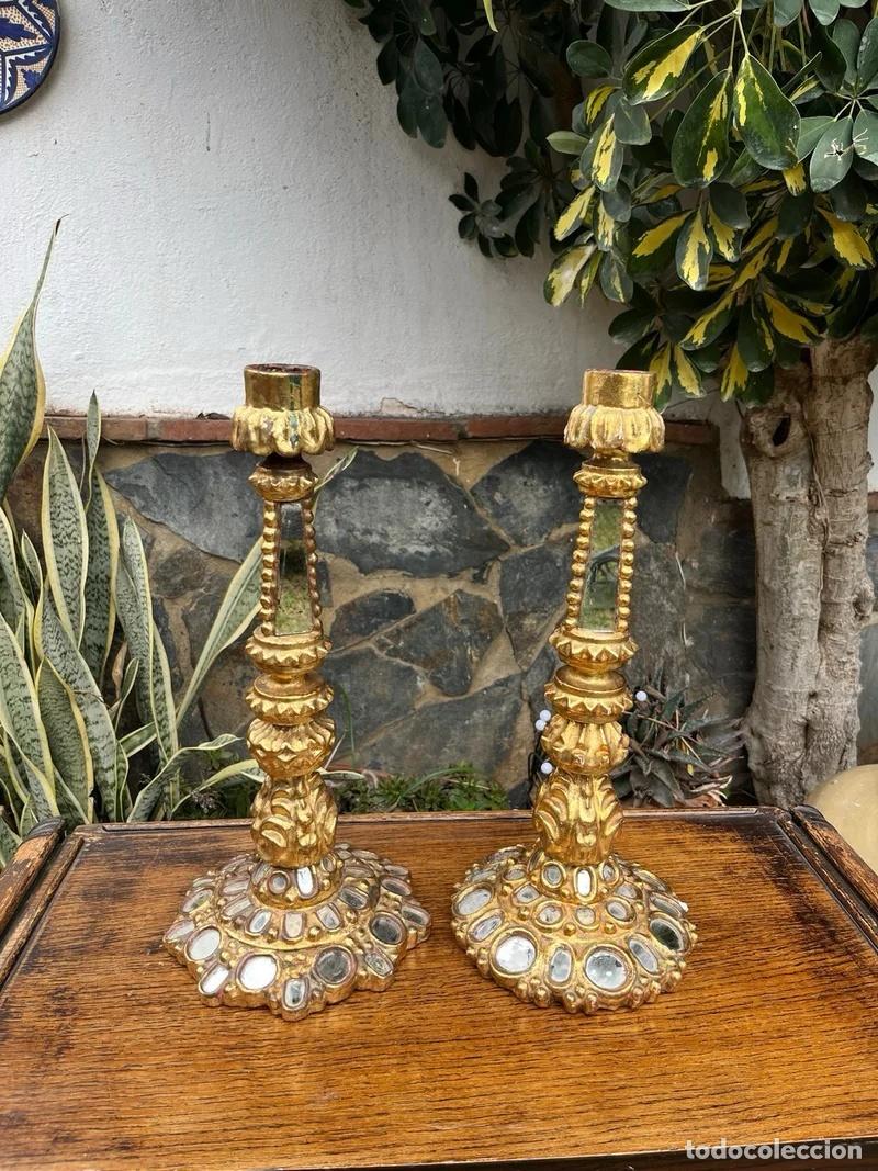 Antig&uuml;edades: Pareja Candelabros Madera Pan de Oro - Foto 9