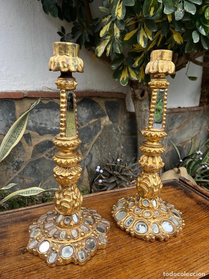 Antiguidades: Pareja Candelabros Madera Pan de Oro