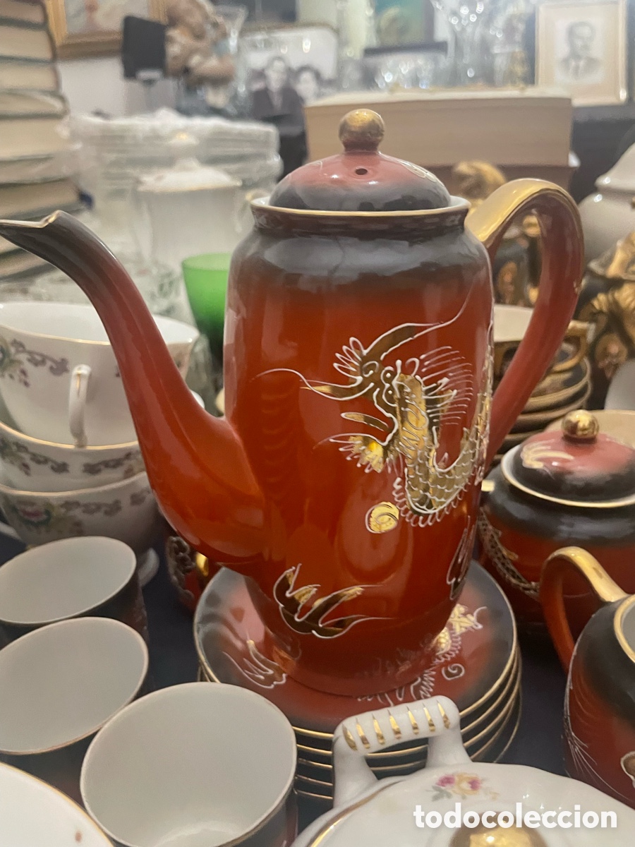 Antiques: Juego de t&eacute; Japon&eacute;s Completo (Porcelana Kutani) Drag&oacute;n Moriage - Litofan&iacute;a Geisha