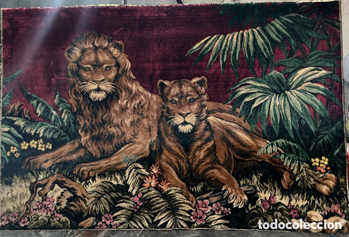 Oggetti Antichi: Cuadro Tapiz Vintage de Terciopelo - Leones