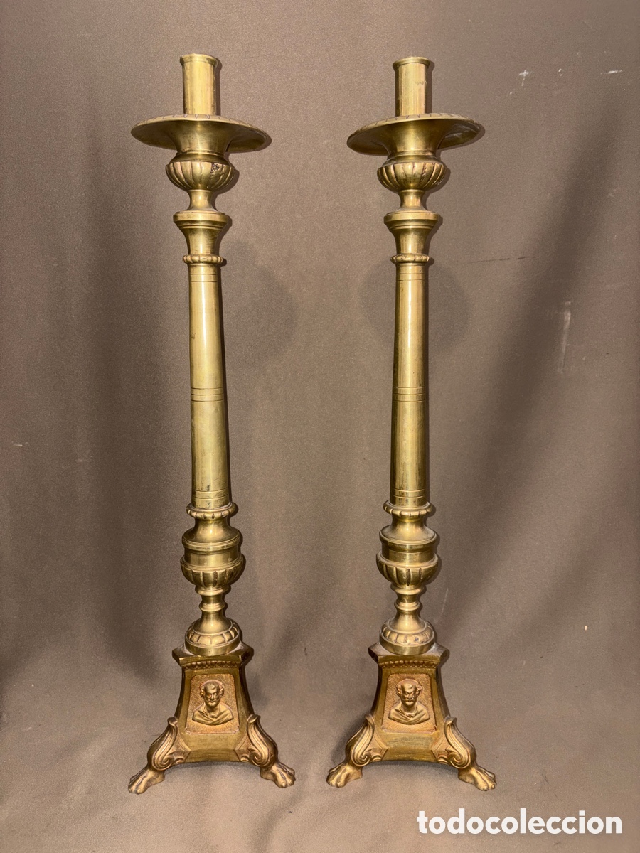 Antiques: Pareja de HACHEROS O CANDELABROS DE ALTAR DE BRONCE*SIGLO XIX*,62 cm