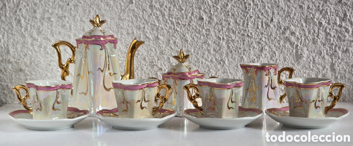 Antiquit&eacute;s: Antiguo Juego de Caf&eacute; - Porcelana Iridiscente - Decoraci&oacute;n Dise&ntilde;o Modernista Rom&aacute;ntico
