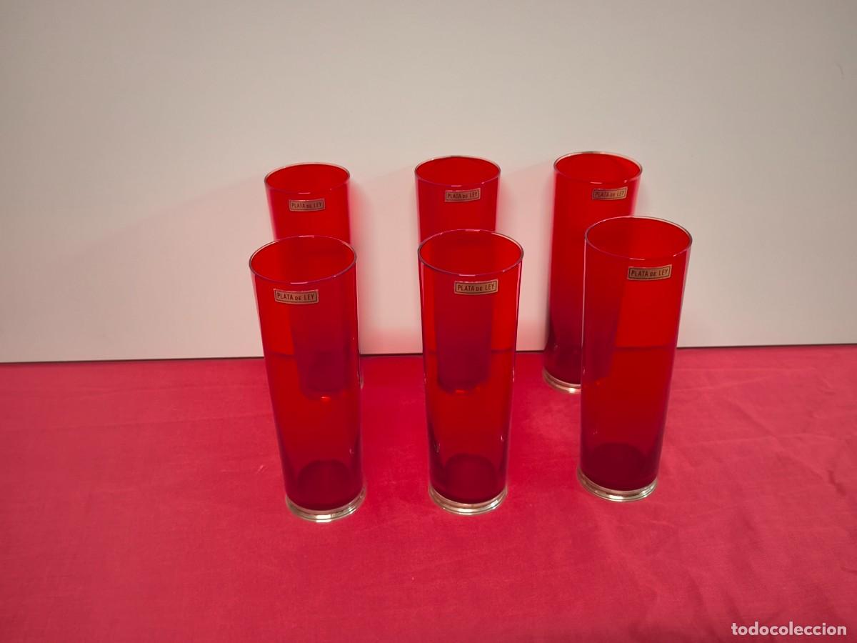 Antiguidades: JUEGO DE 6 VASOS LARGOS EN CRISTAL ROJO RUBI CON BASE EN PLATA
