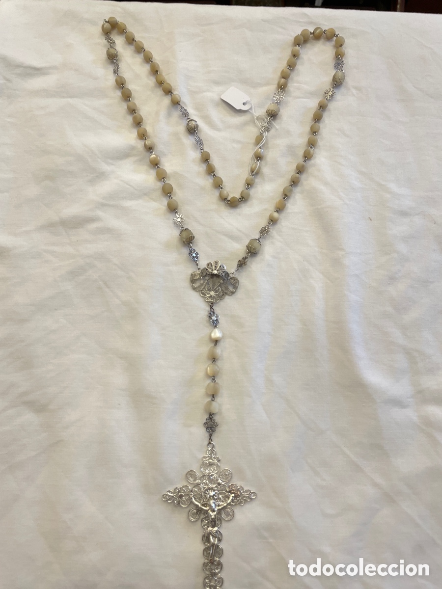Antig&uuml;edades: Rosario de plata y n&aacute;car siglo XIX