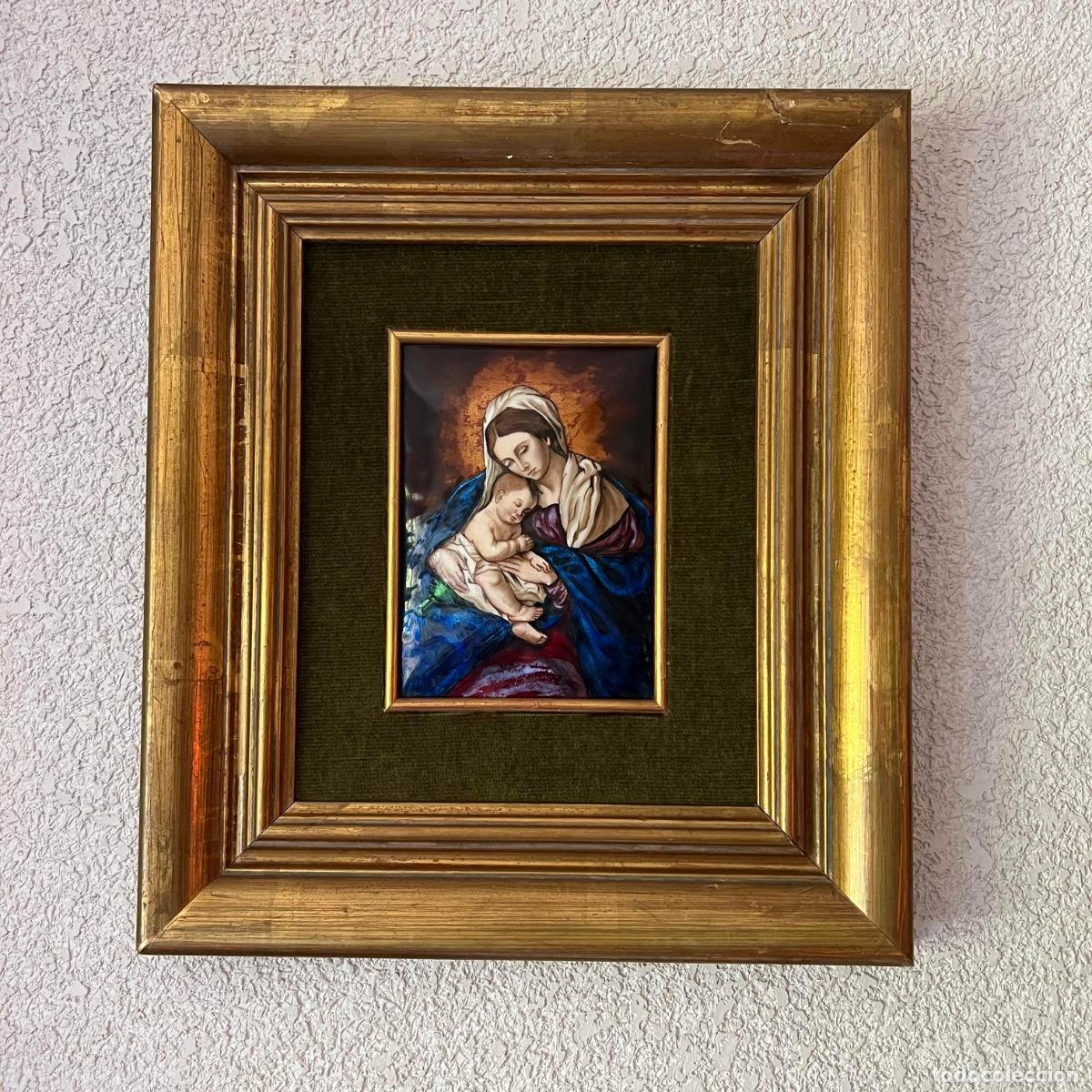 Antiquit&auml;ten: Cuadro de Arte Sacro - Esmalte al Fuego sobre Metal - Virgen con el Ni&ntilde;o Jes&uacute;s - Marco Dorado