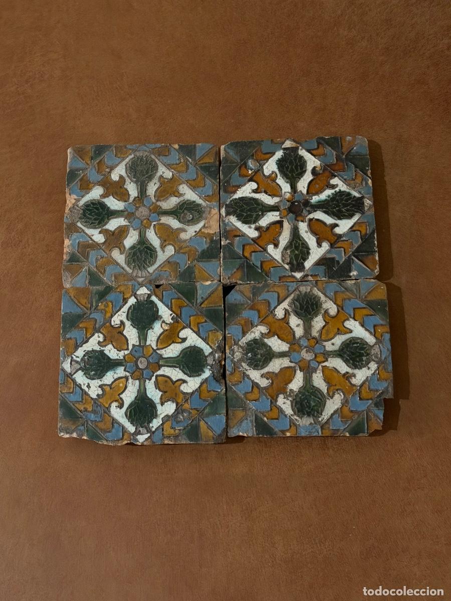 Antiques: ANTIGUO PANEL DE 4 AZULEJOS DE T&Eacute;CNICA MIXTA CUERDA SECA Y ARISTA ARTE HISPANO-MORISCO S. XV-XVI