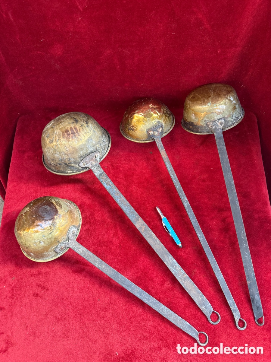 Antiquit&eacute;s: Lote de 4 grandes antiguos cazos de forja y laton!