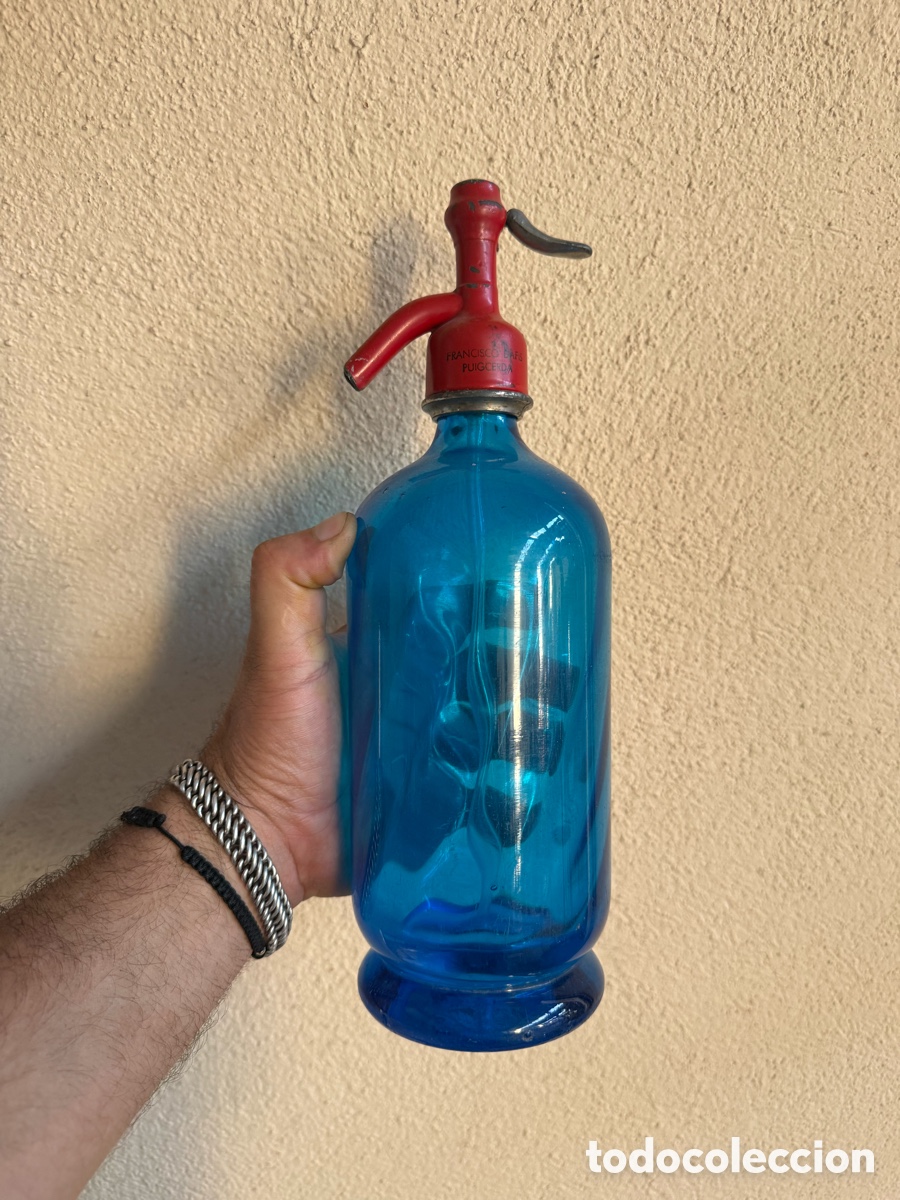 Antiques: Antiguo sifon de copa,Vidrio Azul,cabesa plomo!Puigcerda!