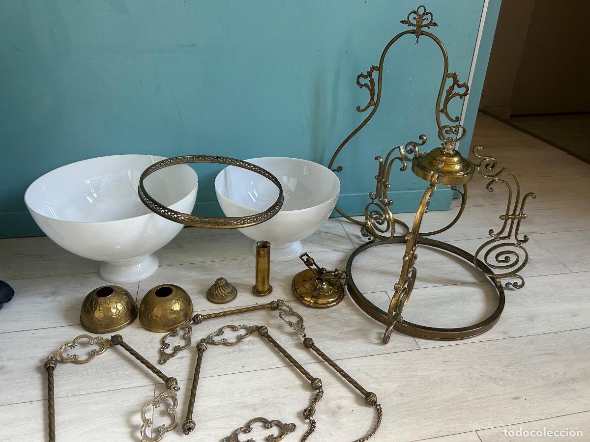 Antiques: Lustre suspension ancien Napol&eacute;on III &ndash; Bronze et Opaline blanche (En pi&egrave;ces)
