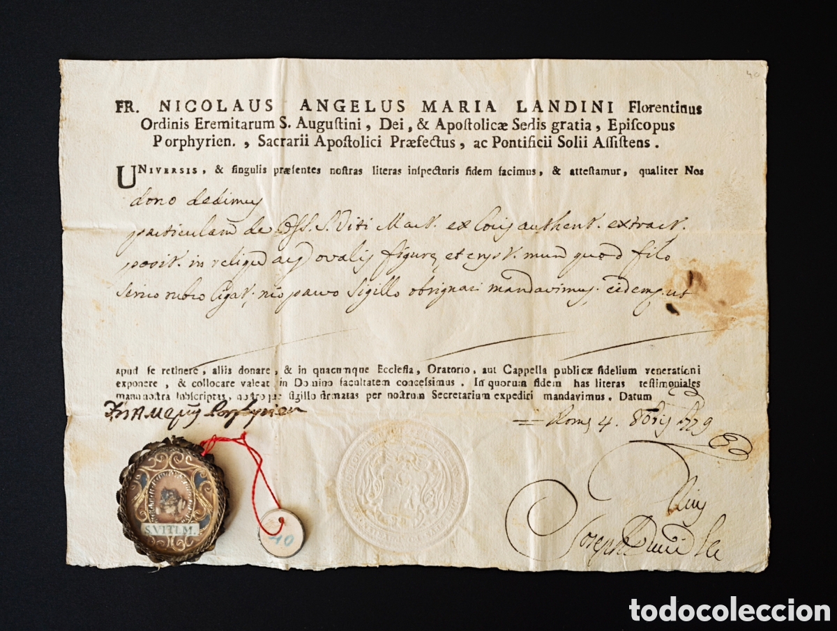 Antiques: Reliquia San Vito (290 - 303 d.C.). Relicario. Documento. Certificado. Original. Siglo XVIII. Santo.